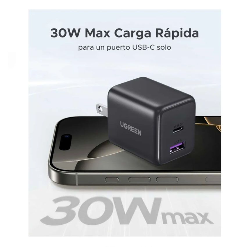 Cargador Ugreen 30W USB-C+USB-A GAN PD 3.0 Iphone 17, Ipad, Airpods X516 65025