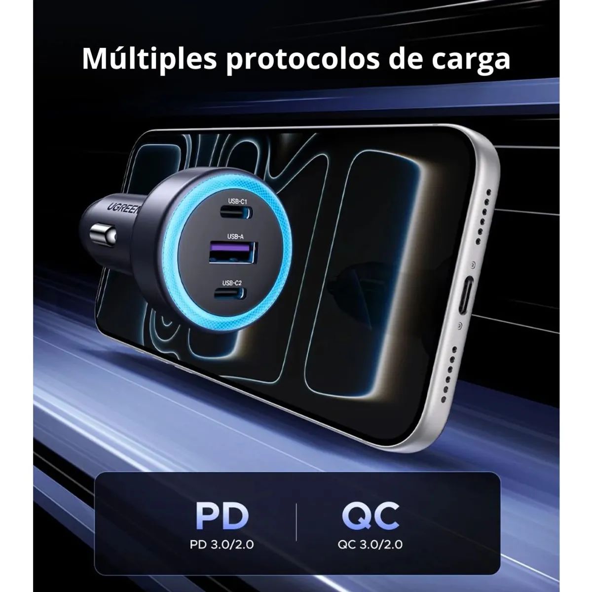 Cargador Para Auto Ugreen 30W 3 Puertos 2 USB-C USB-A Carga Rápida PD Ugreen Ec307
