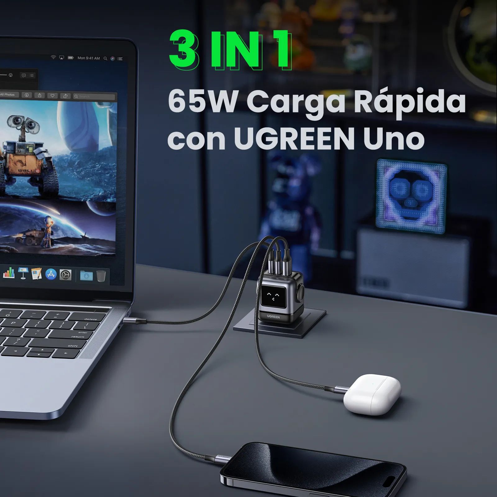 Cargador Ugreen Nexode 65W 3-Port PD GAN Fast Charger Us Space Gray Cd361