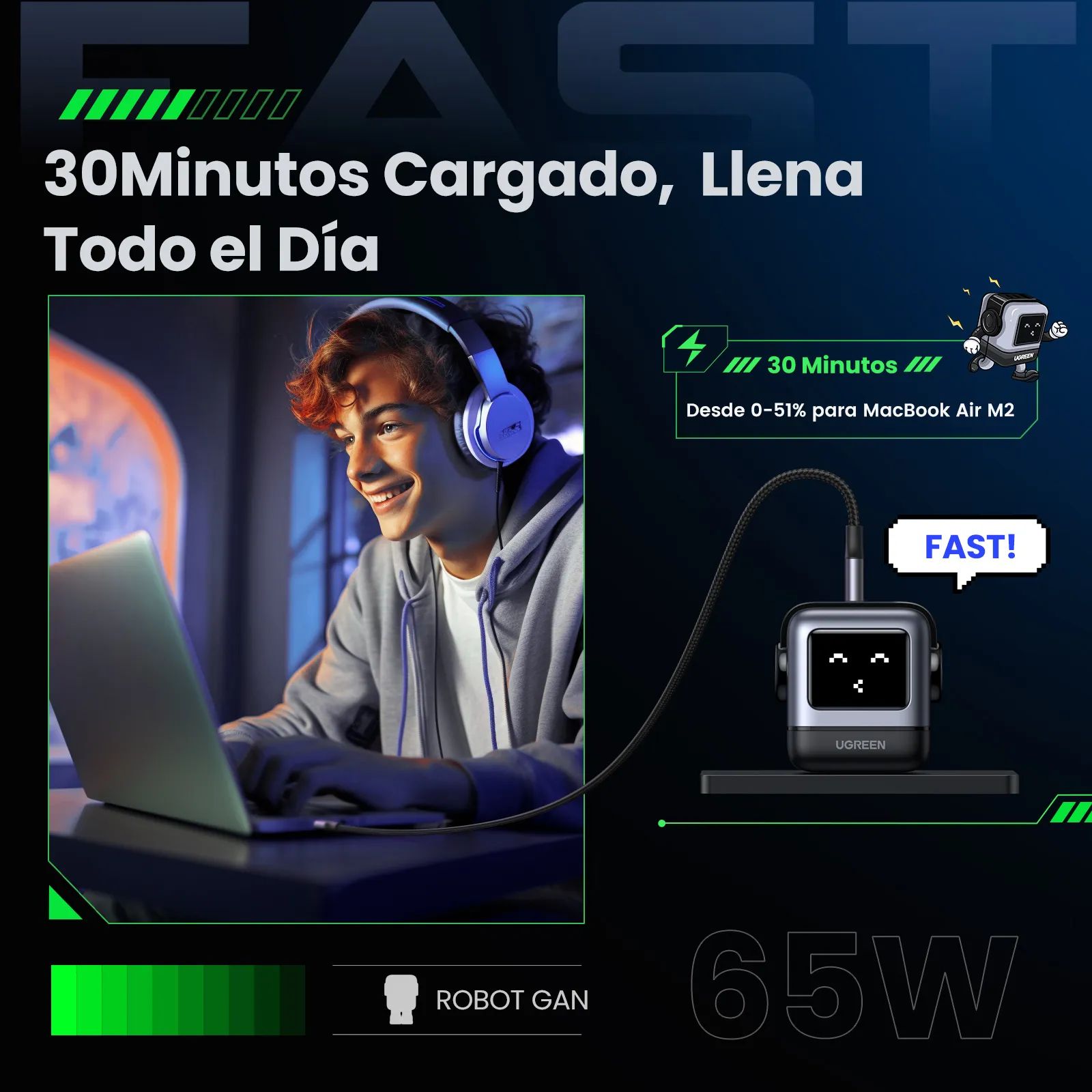 Cargador Ugreen Nexode 65W 3-Port PD GAN Fast Charger Us Space Gray Cd361