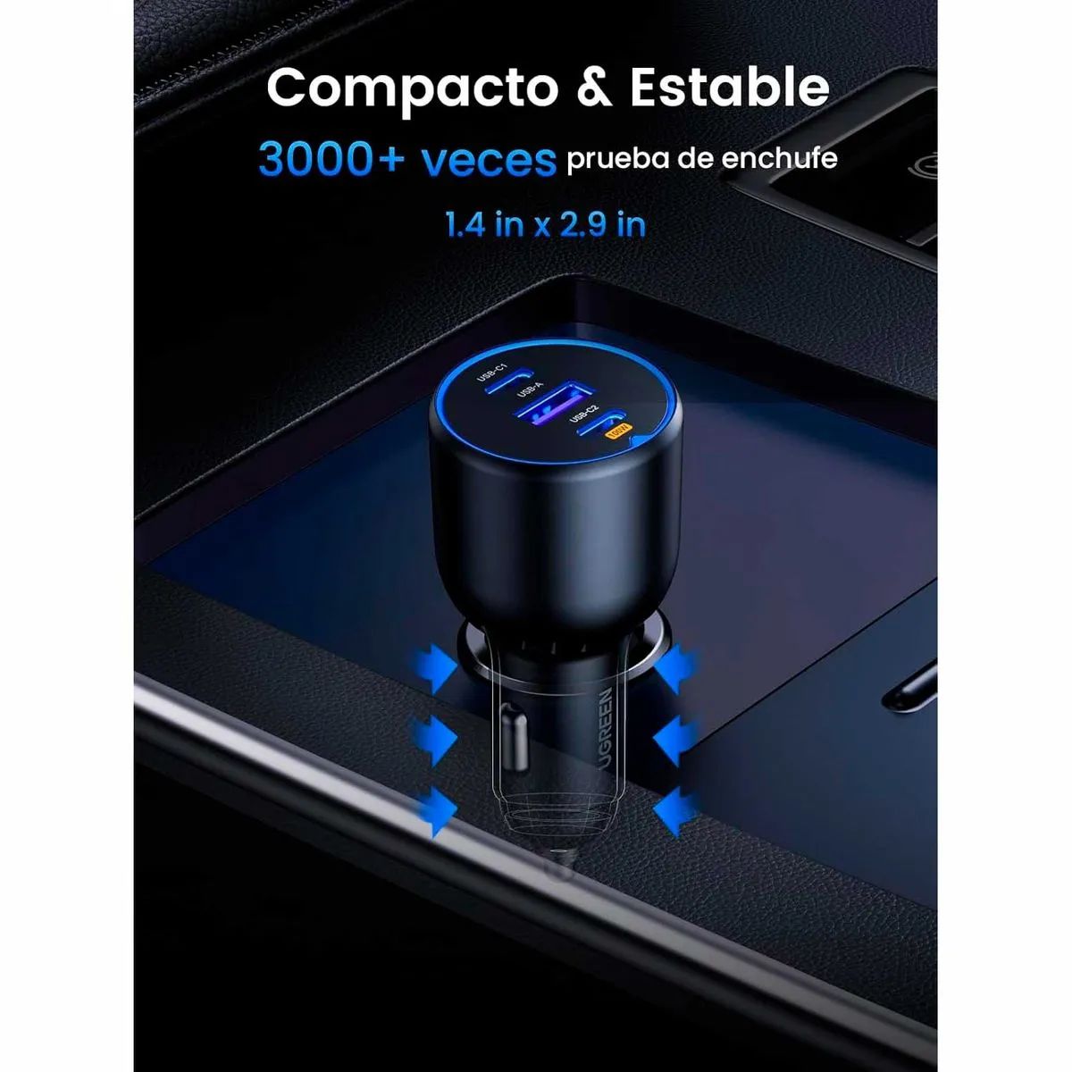 Cargador Auto Ugreen, 130W, 2 Puertos USB-C, 1 USB-A, Carga Rápida, Power Delivery, Qc 3.0, Ec705, Gris