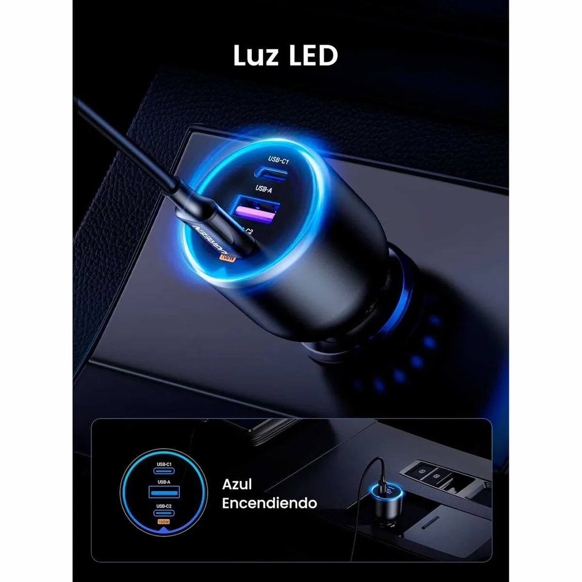 Cargador Auto Ugreen, 130W, 2 Puertos USB-C, 1 USB-A, Carga Rápida, Power Delivery, Qc 3.0, Ec705, Gris