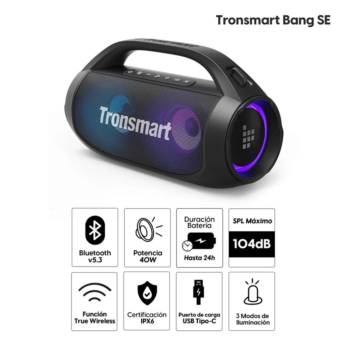 Parlante Bluetooth Tronsmart Bang Se 40W, Resistente Al Agua IPX6, Hasta 24 Horas De Reproducción, 3 Modos De Luz, Negro