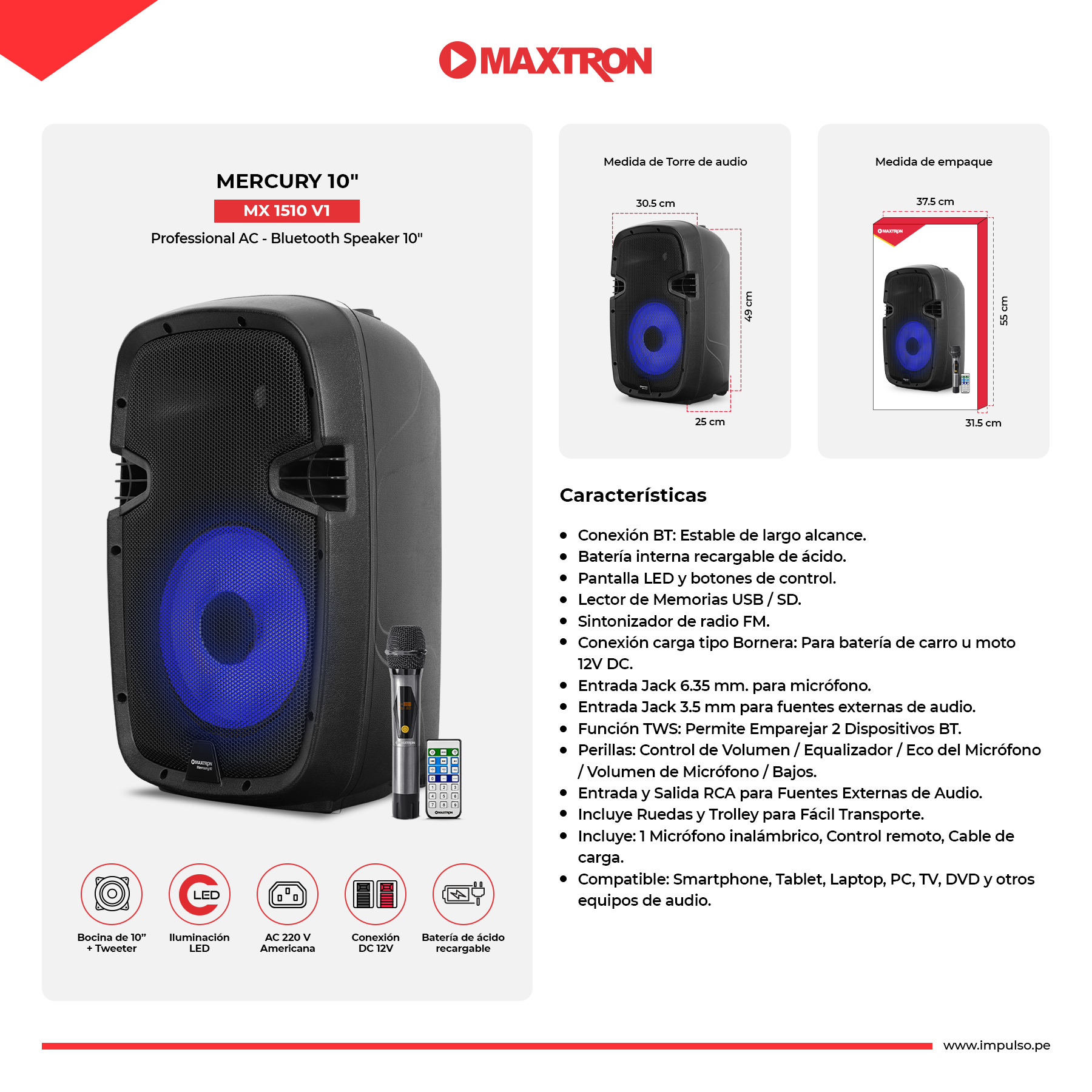 Parlante Portátil Bluetooth 10" Maxtron Mercury MX 1510 V1