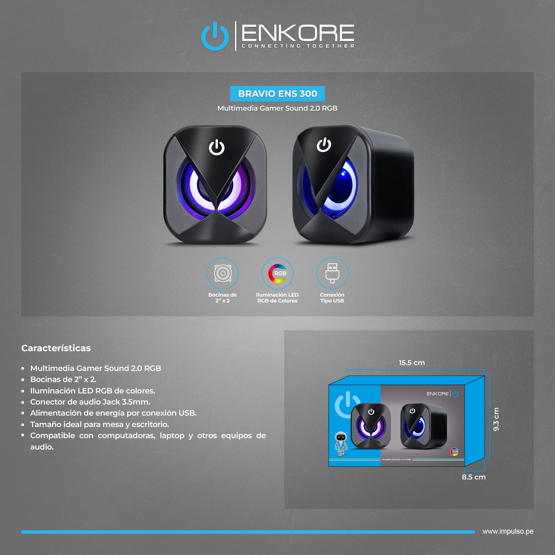 Bravio Ens300 Parlante 2,0 RGB 2" Enkore