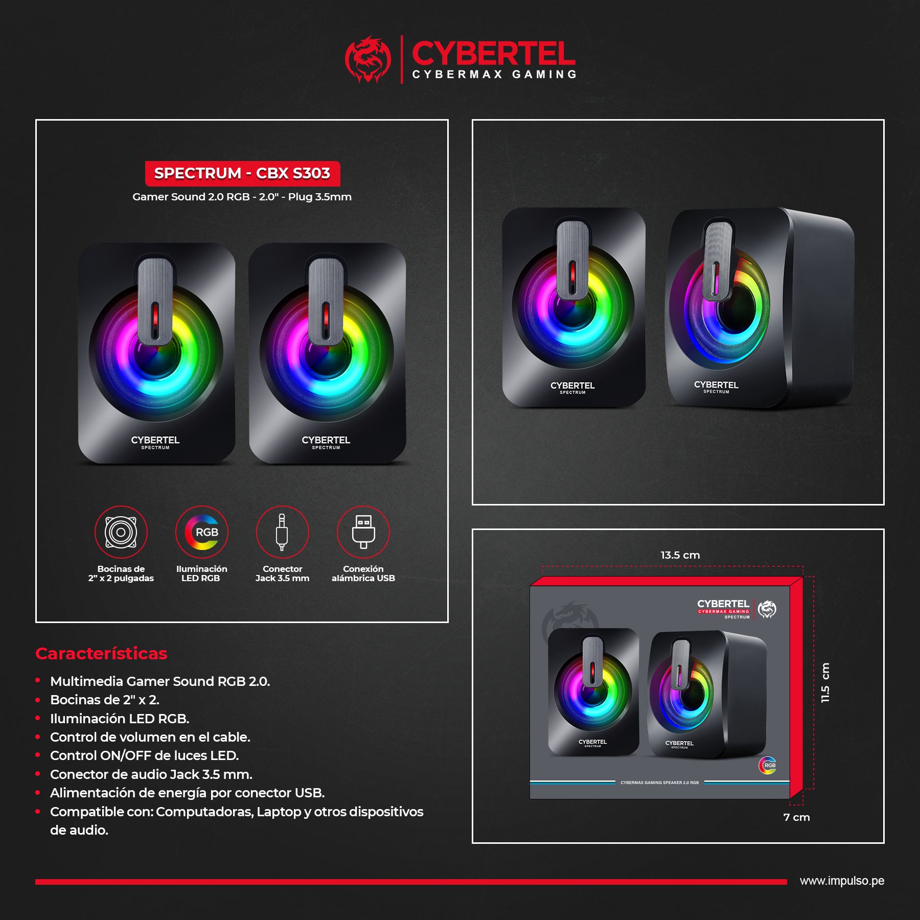 Spectrum Cbx S303 Parlante 2,0 RGB 2" Cybertel