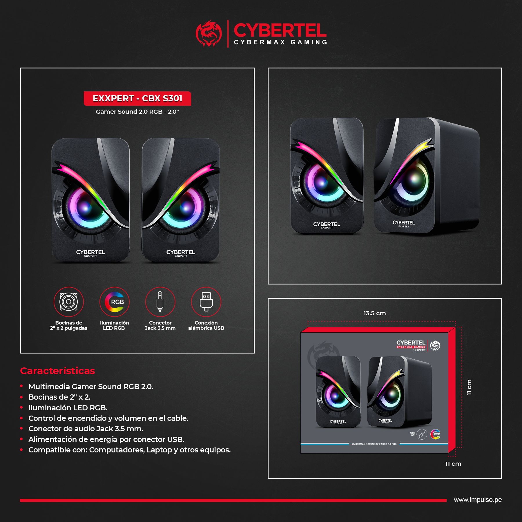Exxpert Black Cbx S301 Parlante 2,0 RGB 2" Cybertel