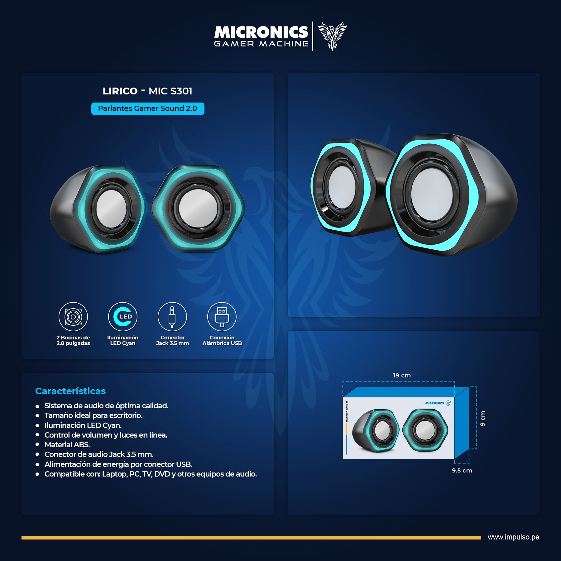 Lirico Mic S301 Parlante 2.0 LED 2" Micronics