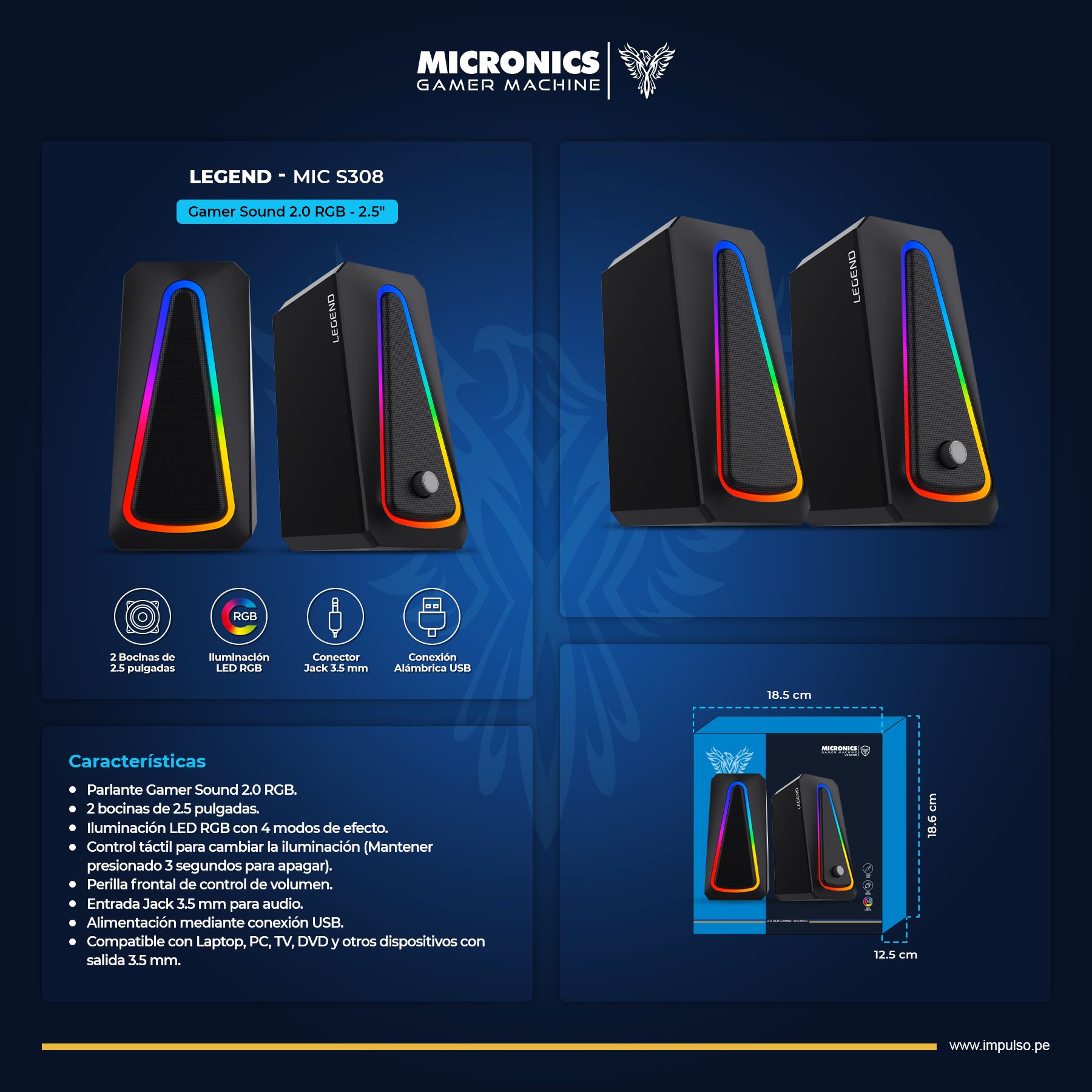 Legend Mic S308 Parlante 2,0 RGB 2,5" Micronics