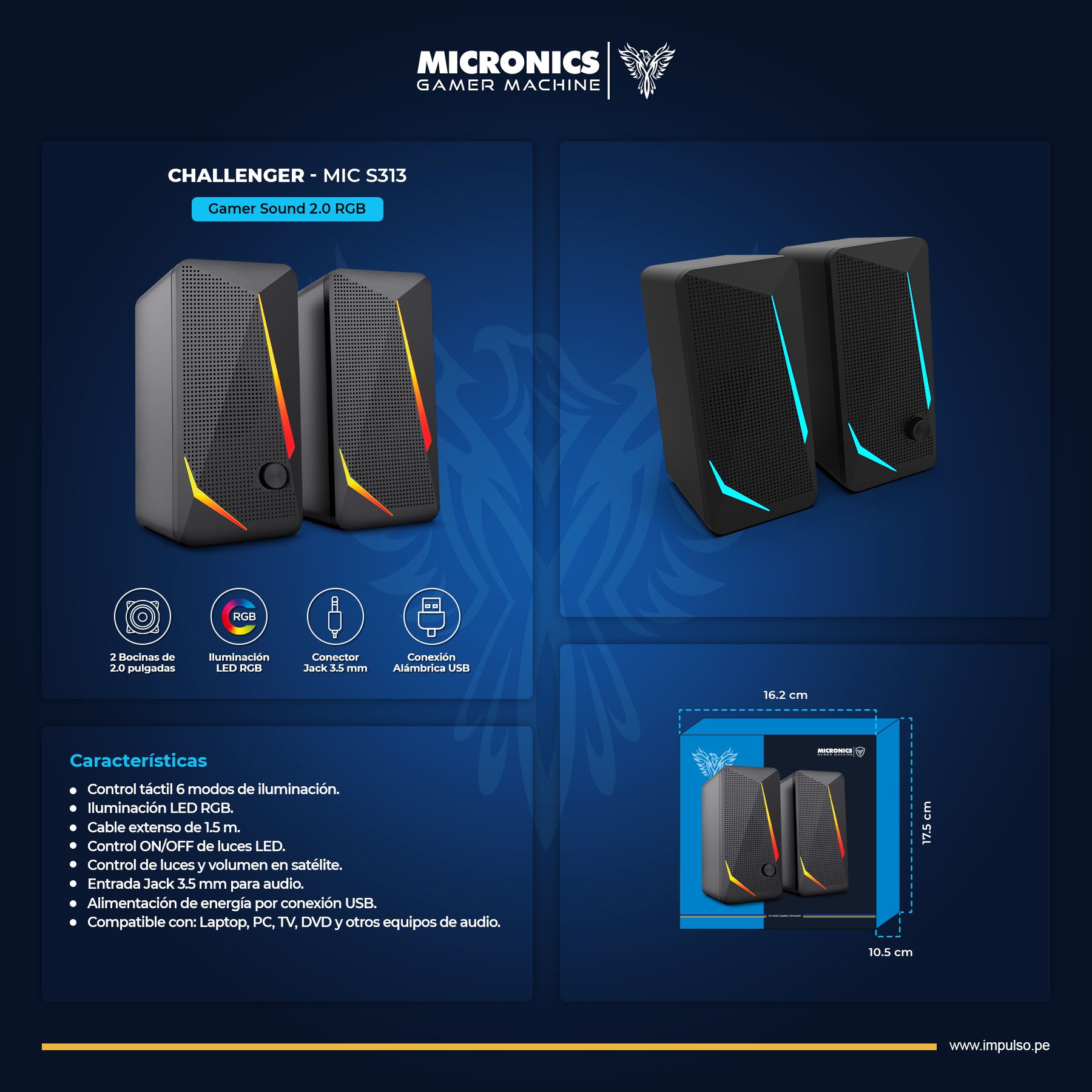 Challenger MIC S313 Parlante 2.0 RGB 2.5" Micronics