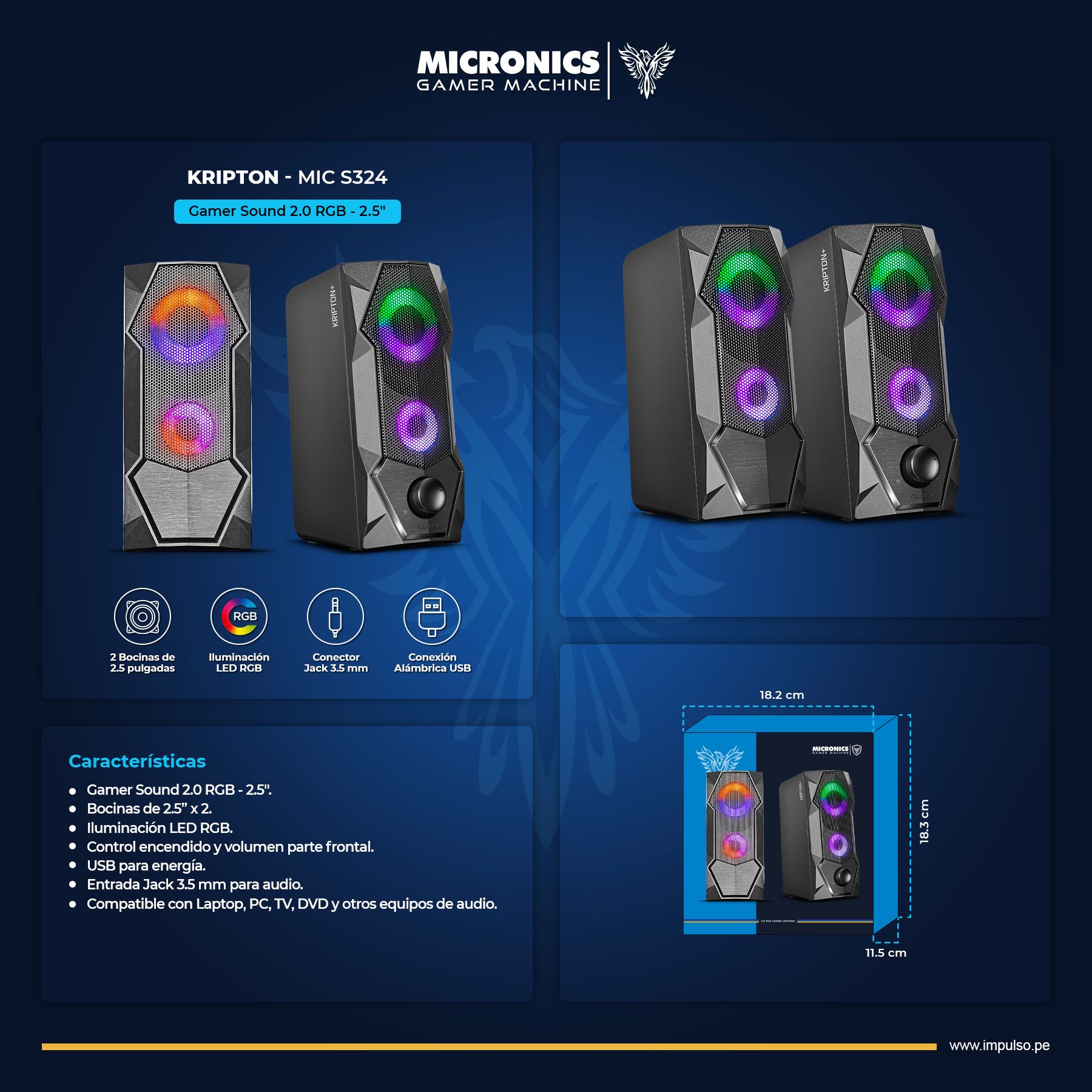 Kripton Advance MIC S324+ Parlante 2.0 RGB 2.5" Micronics