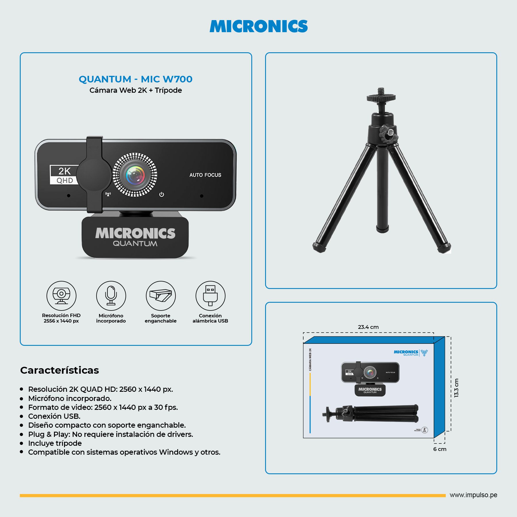 Quantum MIC W700 + Tripode 1440Qhd Camara Web Lente 2P2G Micronics
