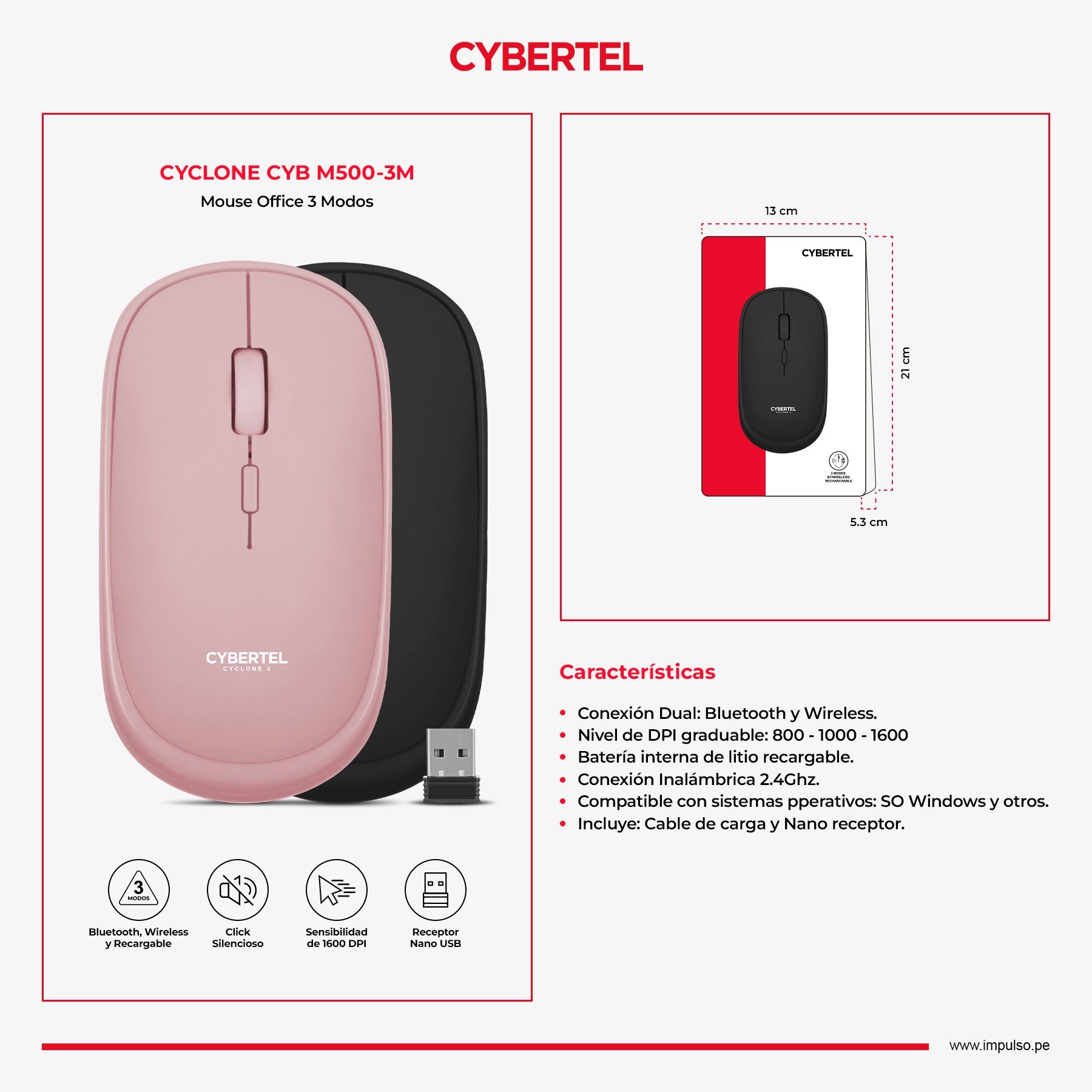 Cyclone3 White CYB M500-3M Mouse BT WIFI Recargable