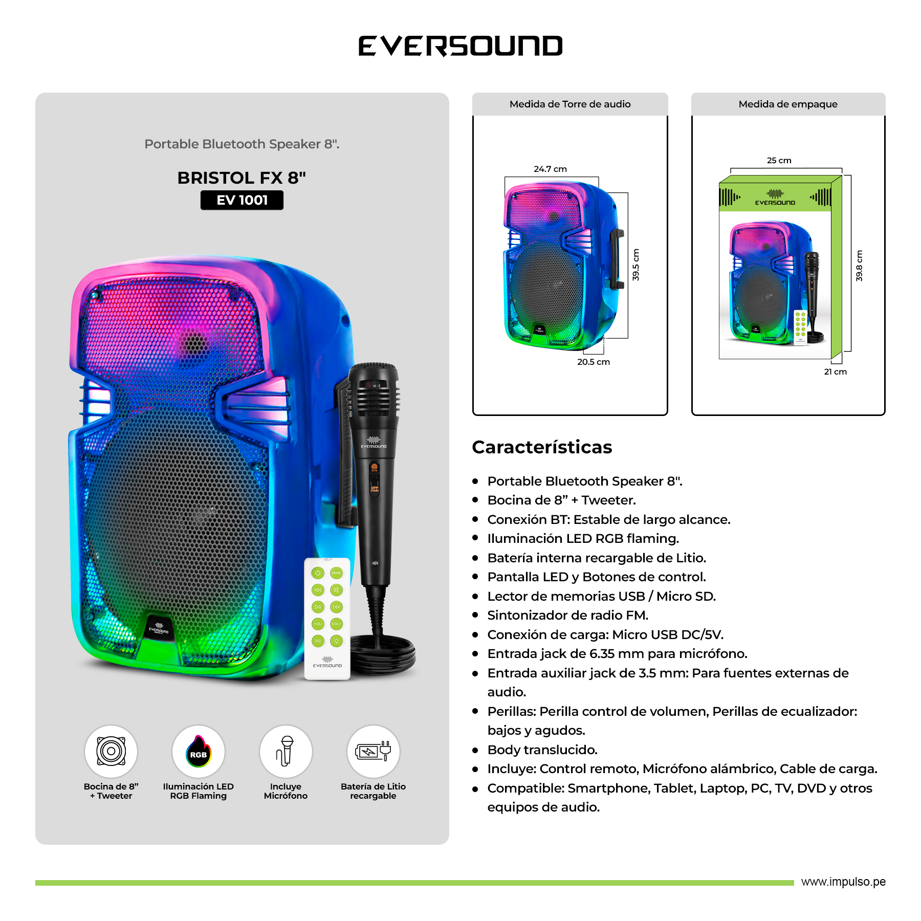 Parlante Portátil Bluetooth 8" Eversound Bristol FX (EV 1001) RGB