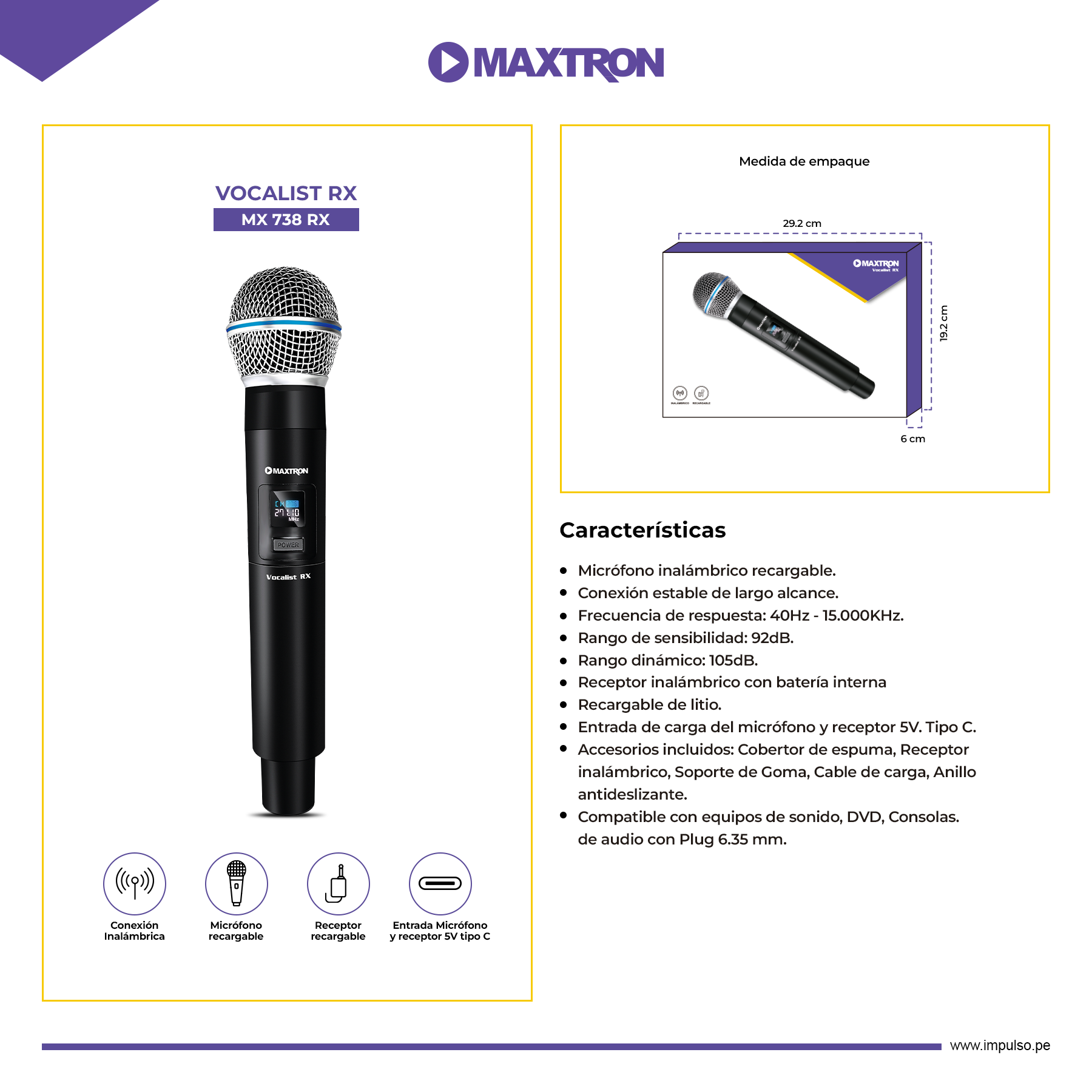 Micrófono Inalámbrico Recargable Maxtron MX738RX
