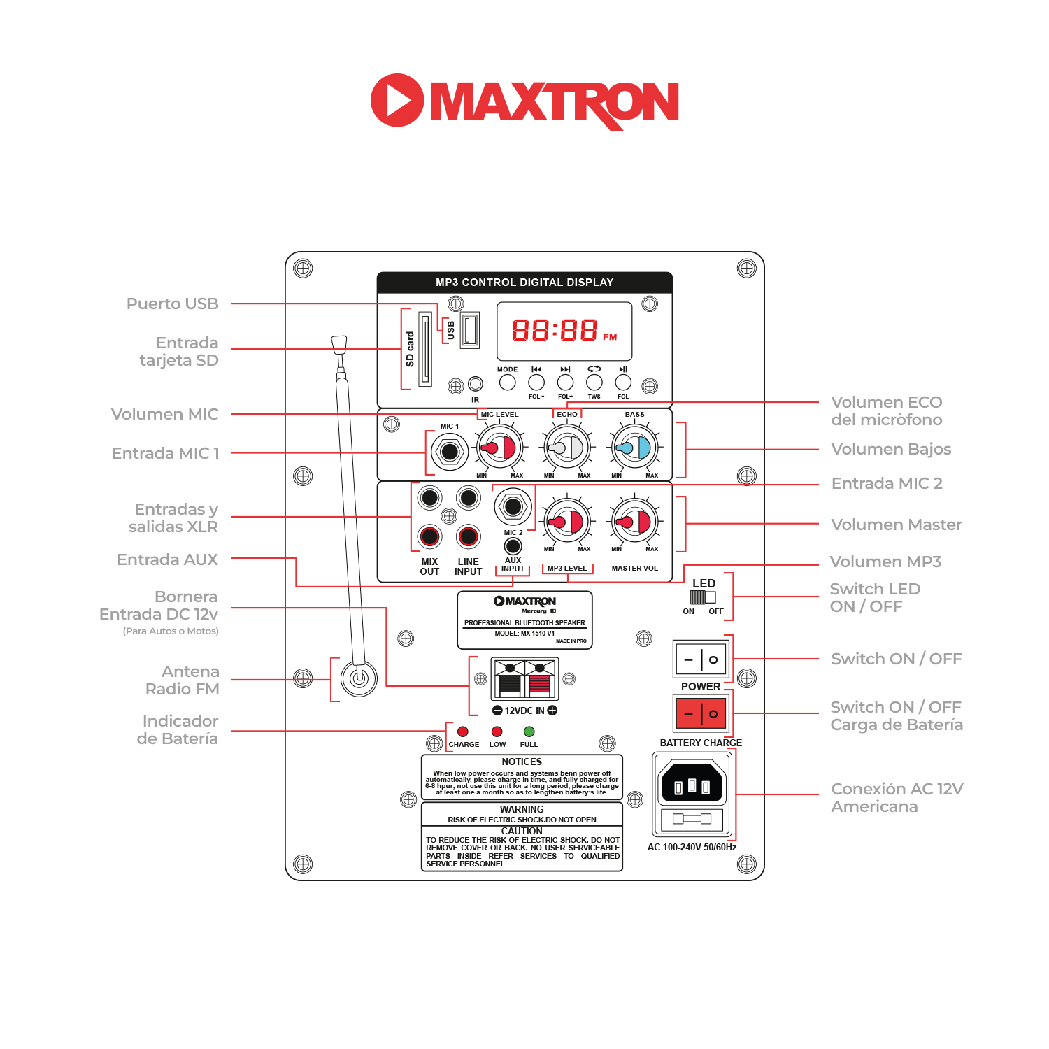 Parlante Portátil Bluetooth 10" Maxtron Mercury MX 1510 V1