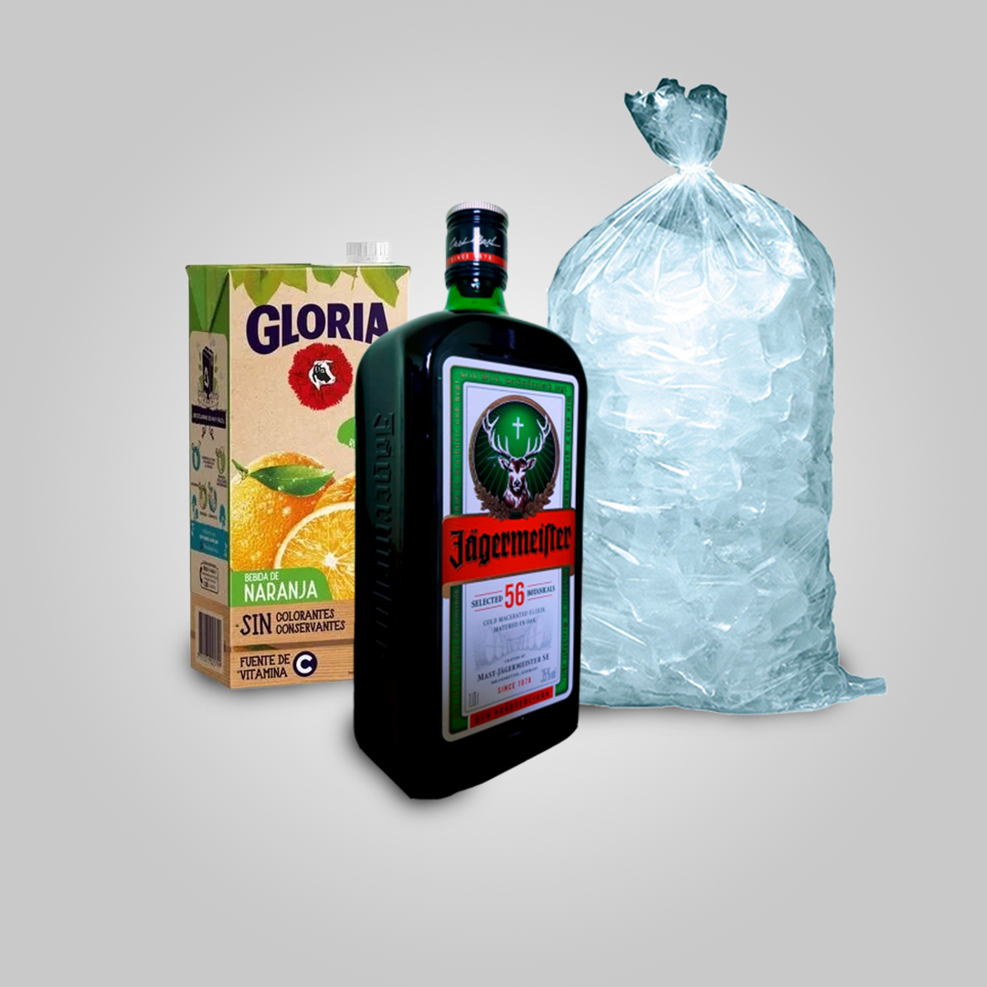Jagermeister 700 ml + Jugo Gloria 1 Lt + Hielo 1.5 kg