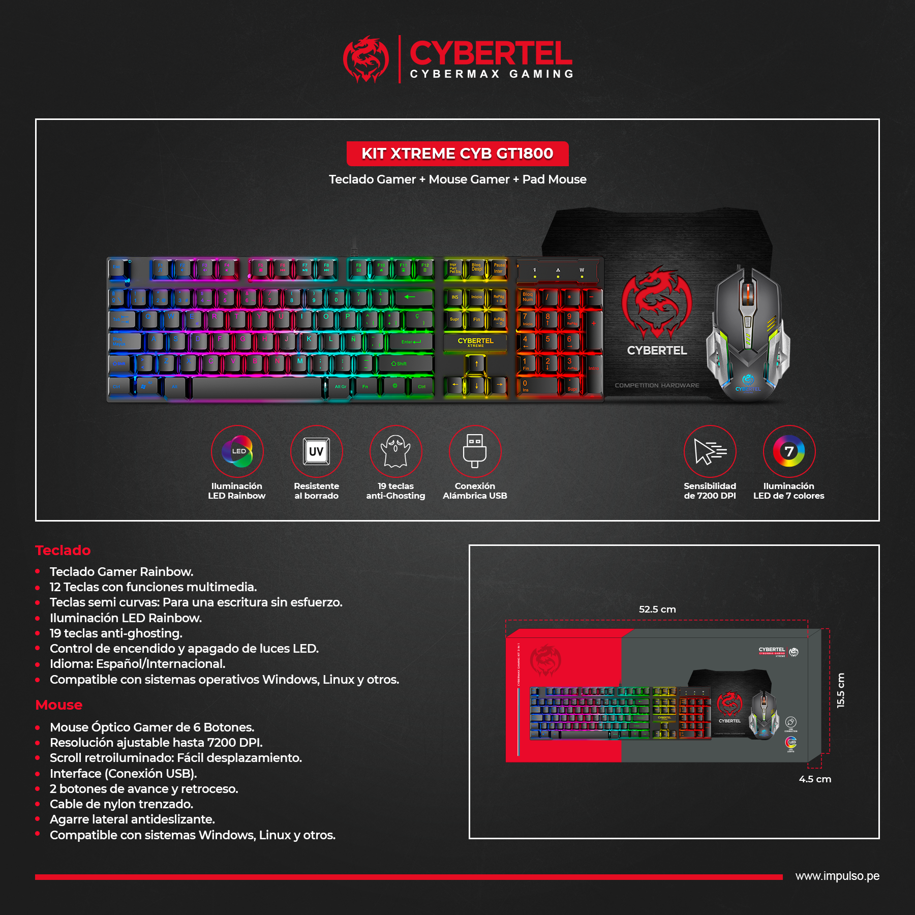 Kit Gamer 3 En 1: Teclado + Mouse + Pad Mouse CYB GT1800