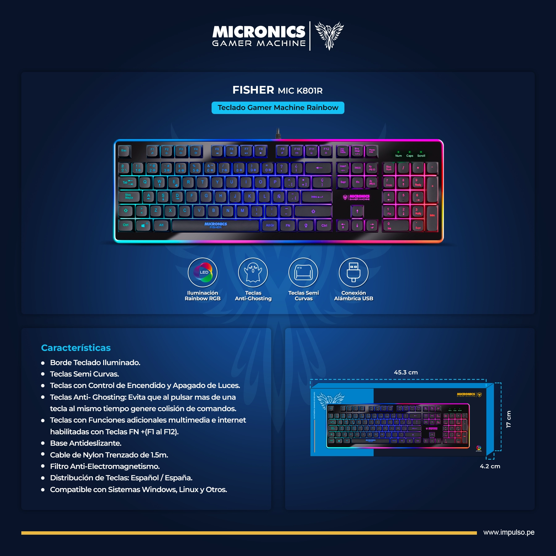 Teclado Gamer Micronics Fisher MIC K801+ Rainbow USB