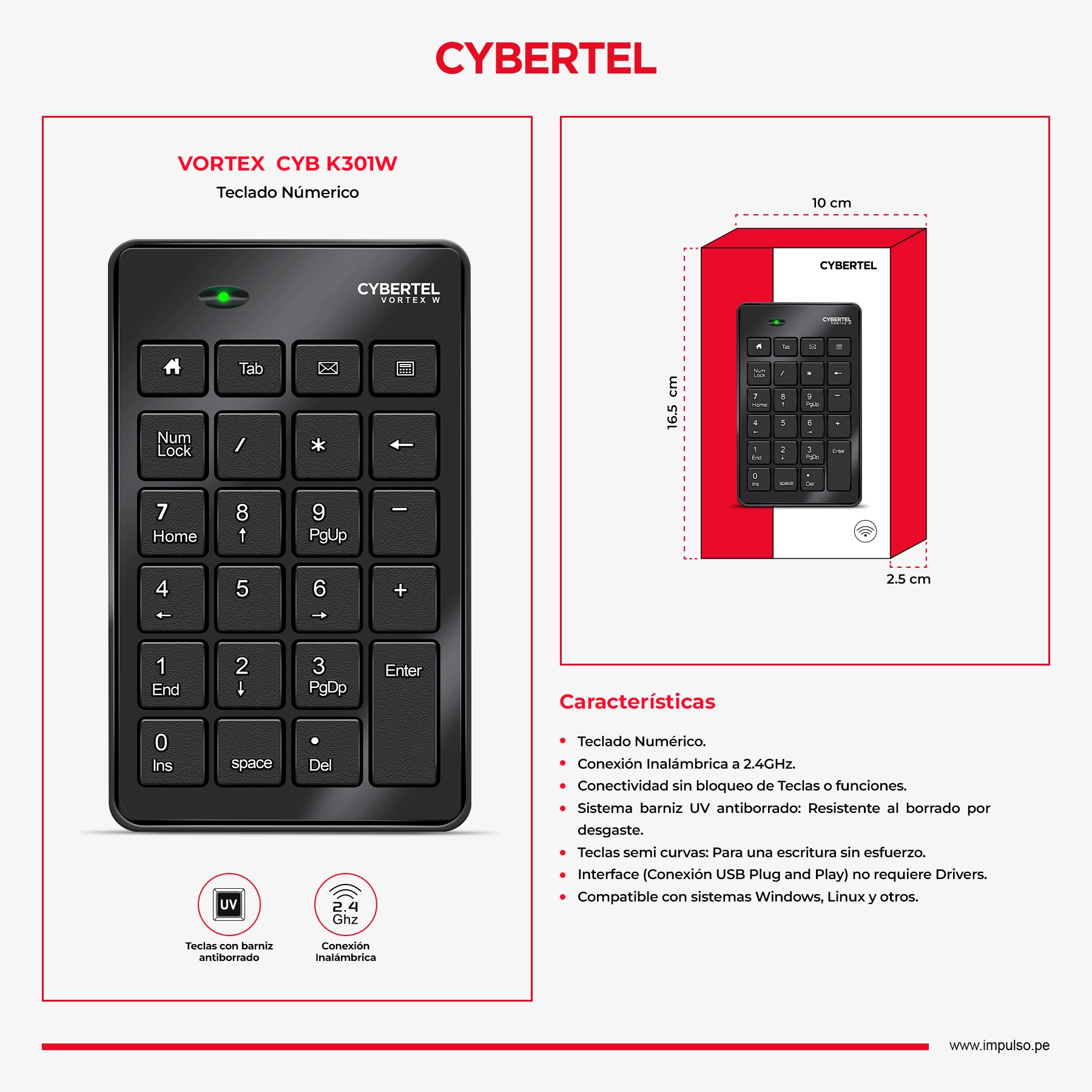 Teclado Numérico Cybertel Vortex - CYB K301W