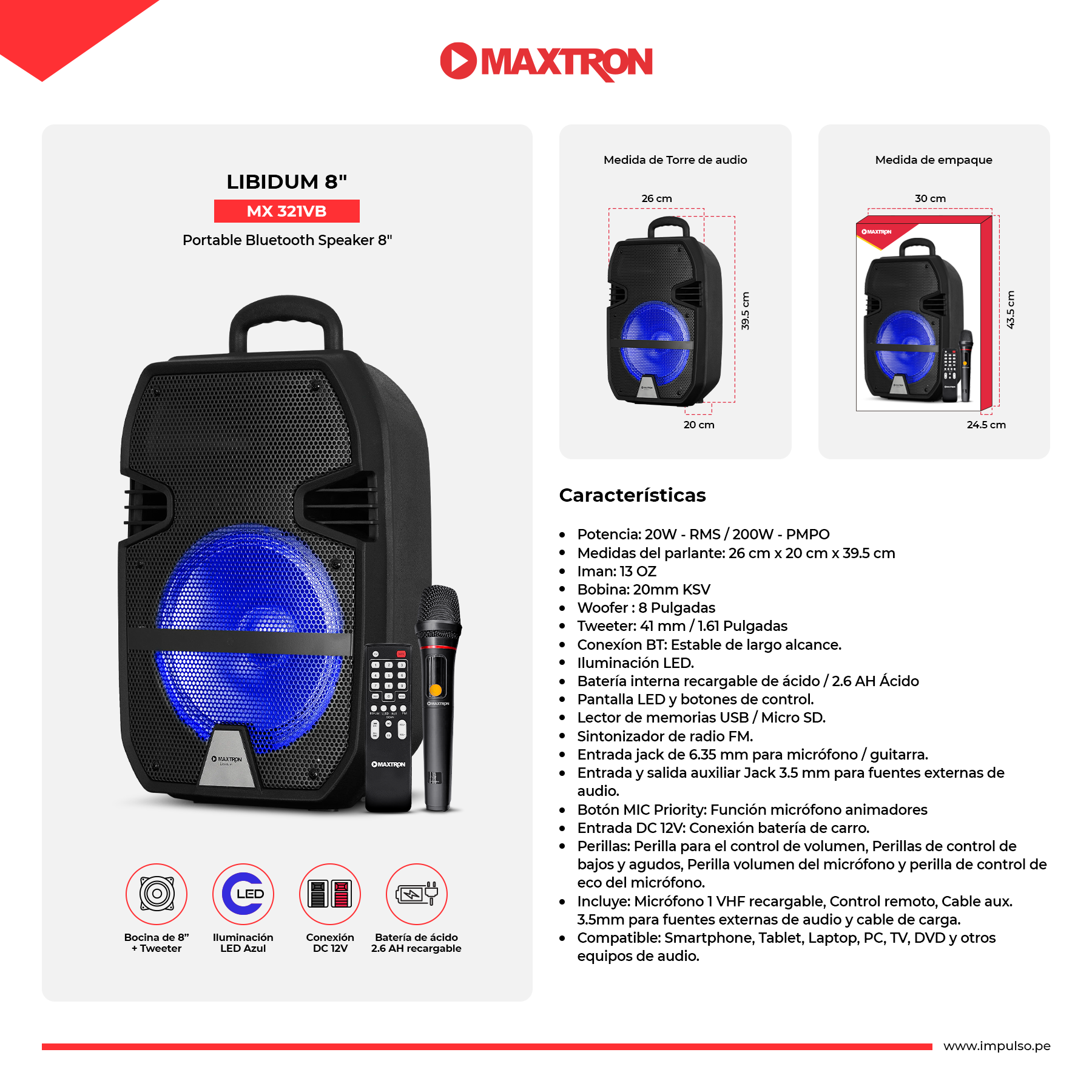 Parlante Portátil Bluetooth 8" Maxtron MX-321VB