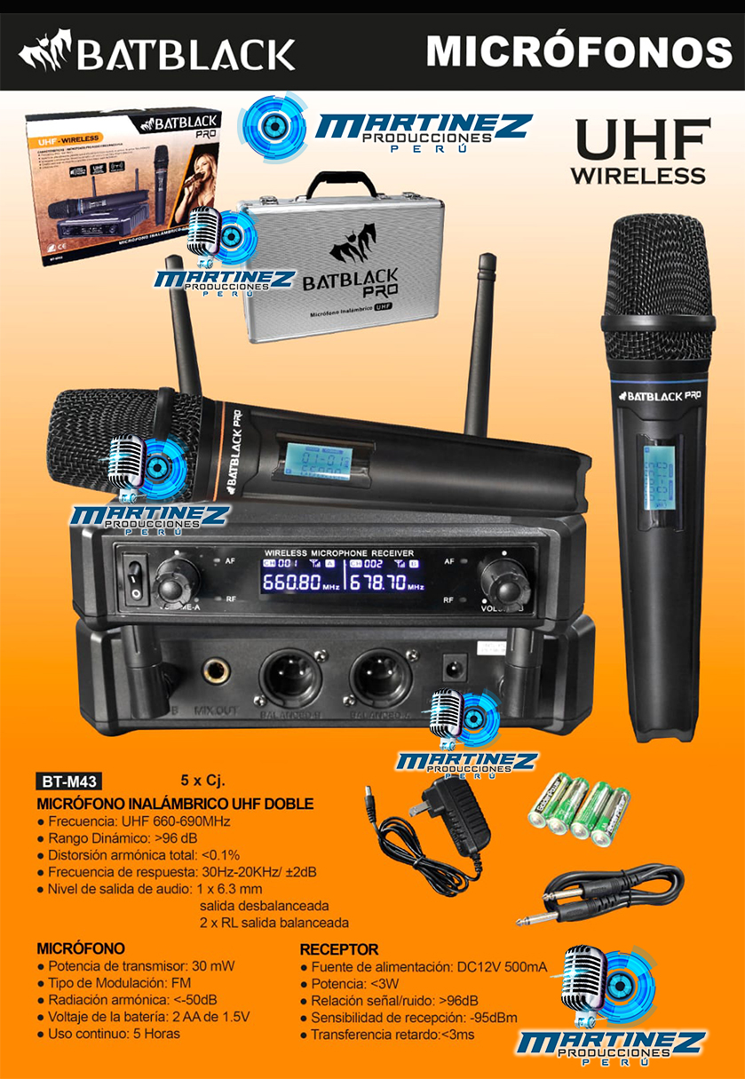 Micrófono Inalámbrico Doble UHF Batblack BT-M43