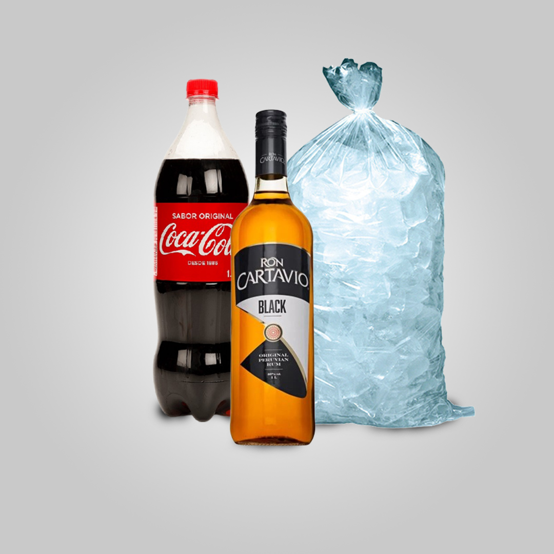 Cartavio Black 750 ml + Coca Cola 1.5 Lt + Hielo 1.5 kg