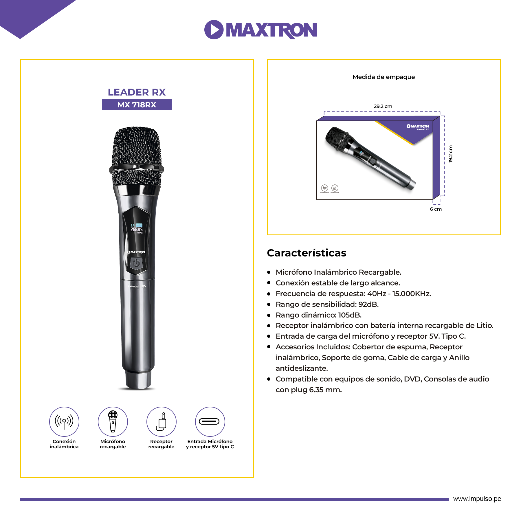 Micrófono Dual Inalámbrico Recargable Maxtron RX MX 7218RX
