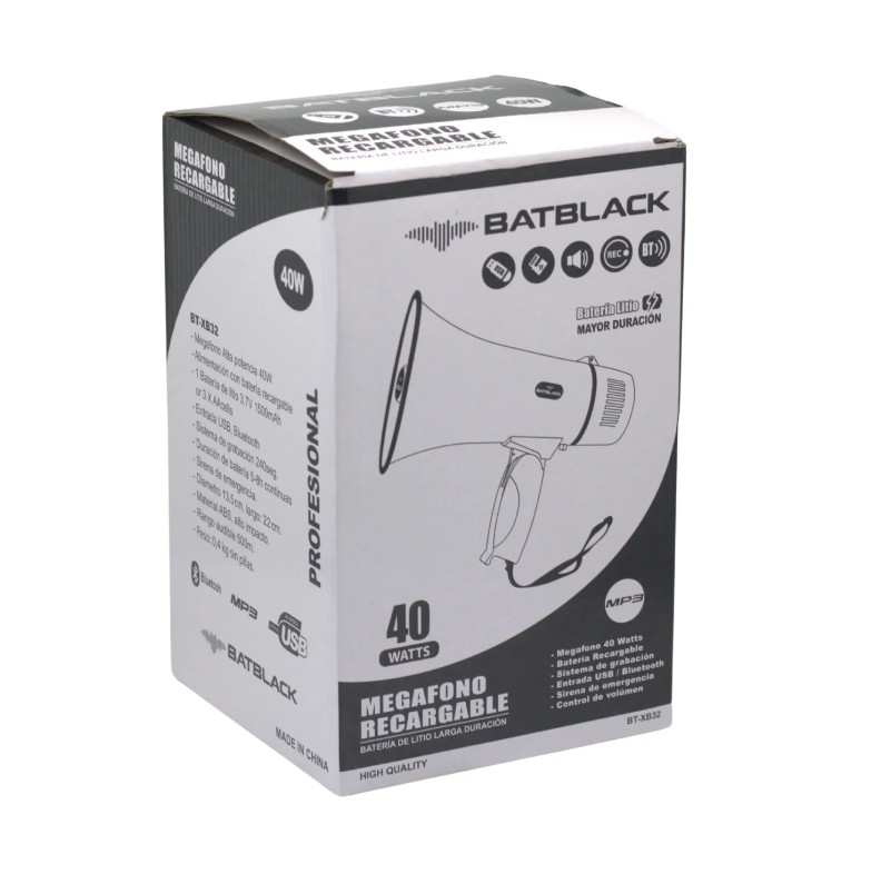 Megáfono 40W con Bluetooth y Sirena Batblack BT-XB32