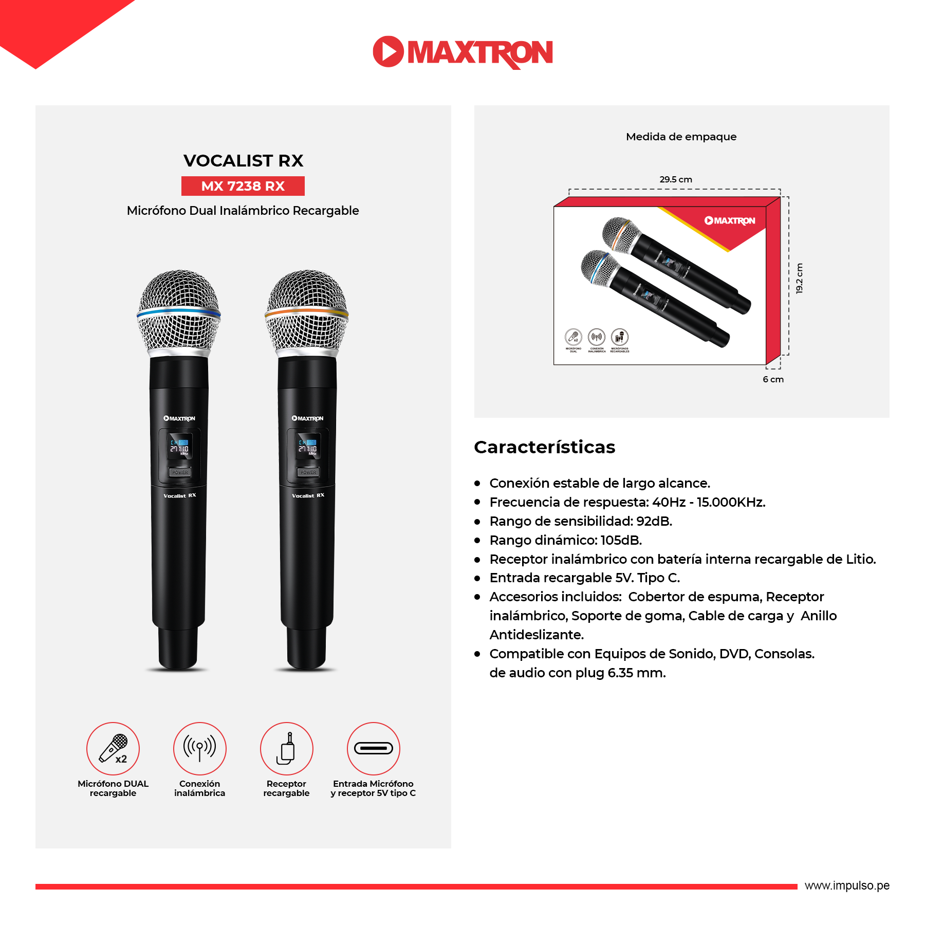 Microfono doble Maxtron Vocalist RX - MX 7238 RX