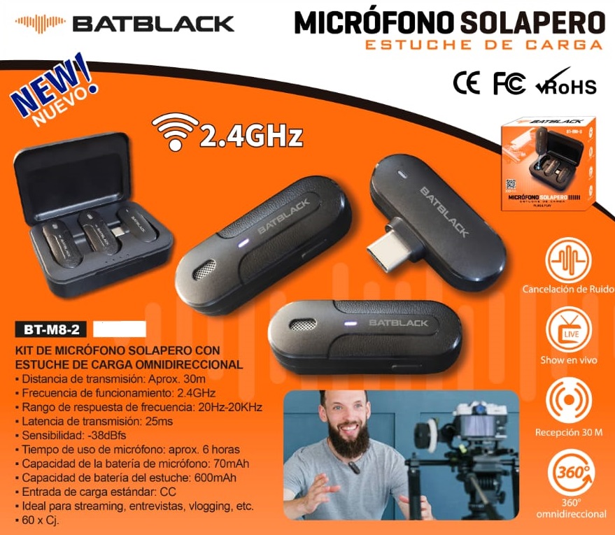 Micrófono Inalámbrico Doble Solapero UHF Batblack BT-M8-2